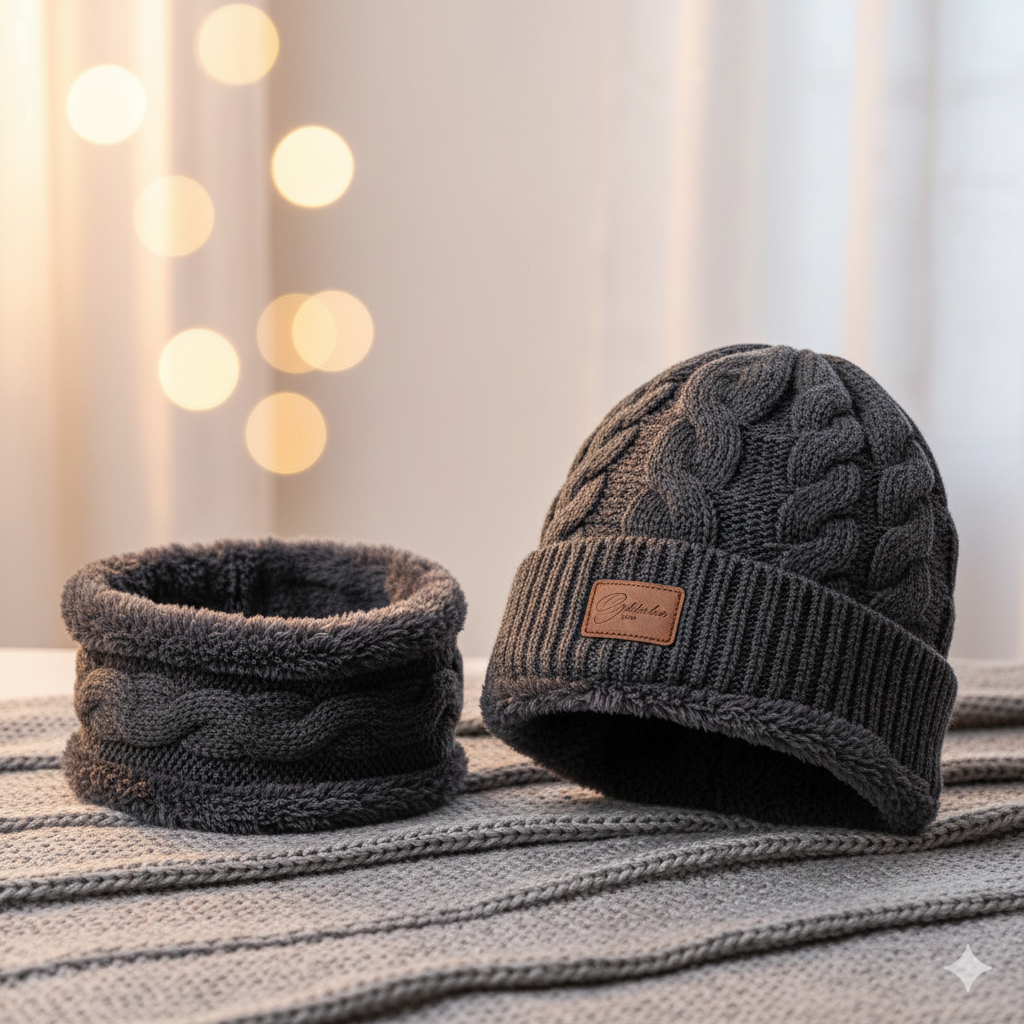 Cozy Wool Beanie and Neck Warmer Set - 2 Pcs in Blue, Brown, and Grey