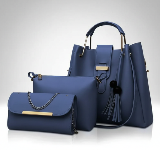 Elegant Blue 3-Piece Women's PU Leather Handbag, Cloud Bag, and Wallet Set