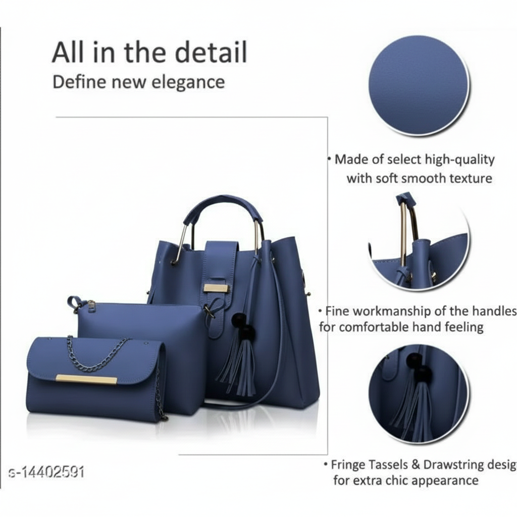 Elegant Blue 3-Piece Women's PU Leather Handbag, Cloud Bag, and Wallet Set