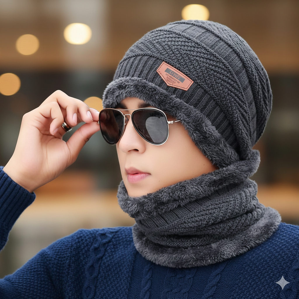 Cozy Wool Beanie and Neck Warmer Set - 2 Pcs in Blue, Brown, and Grey